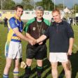 St.Mary's Rasharkin Captain Thomas McMullan, Bredagh Captain Jack Anderson with referee Kevin Gormley